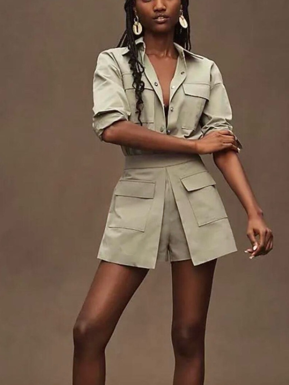 Mare Mare Anthropologie Olive Utility Romper Safari Cargo Pockets Belted Size L